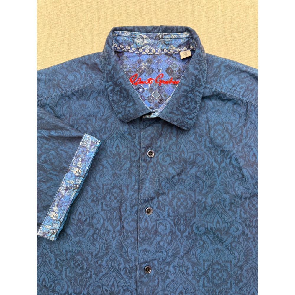 Robert Graham Mens Blue Paisley Damask Short Sleeve Button Down Shirt Size M